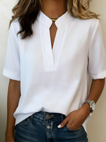 Women's Short Sleeve Split Neck Stand Collar Pullover Front Seam Blouse