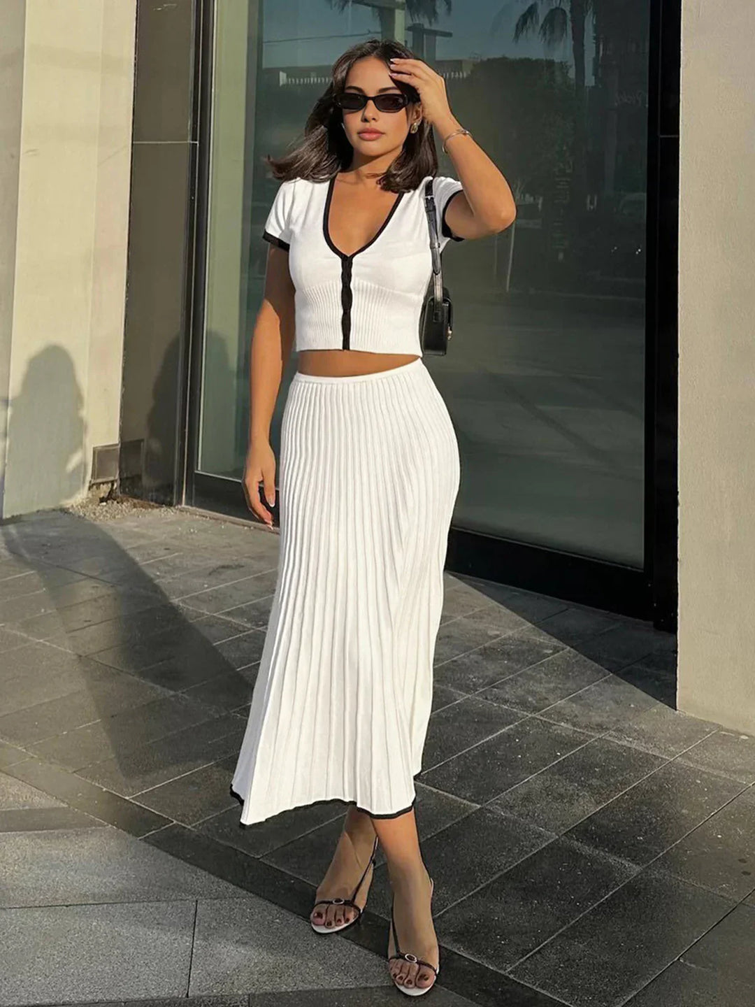 Women’s Short Sleeve Top and Pleated Midi Skirt 2 Piece Set