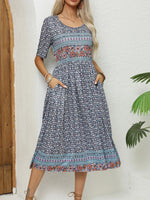 Women's Short Sleeves Printed Scoop Neck Midi Sundress