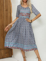 Women's Short Sleeves Printed Scoop Neck Midi Sundress