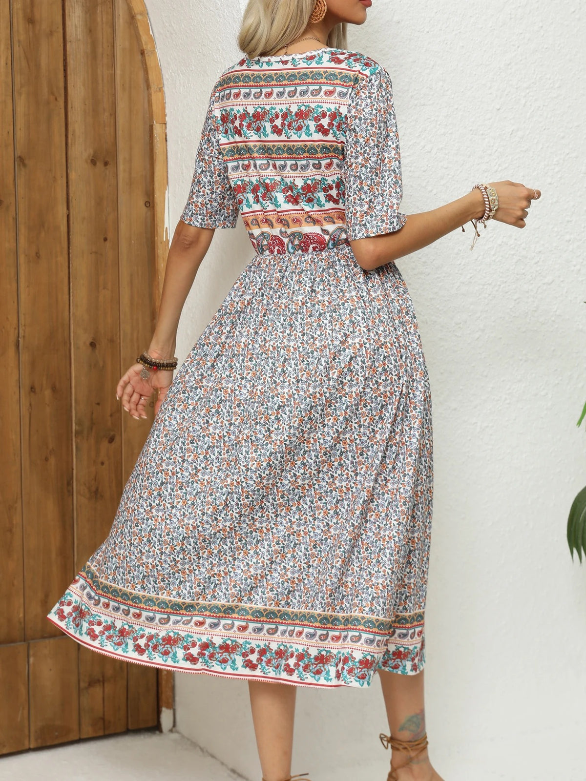 Women's Short Sleeves Printed Scoop Neck Midi Sundress