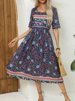 Women's Short Sleeves Printed Scoop Neck Midi Sundress
