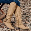 Women's Side-Zip Round-Toe Knee-High Western Buckle-Strap Boots