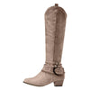 Women's Side-Zip Round-Toe Knee-High Western Buckle-Strap Boots
