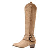 Women's Side-Zip Round-Toe Knee-High Western Buckle-Strap Boots