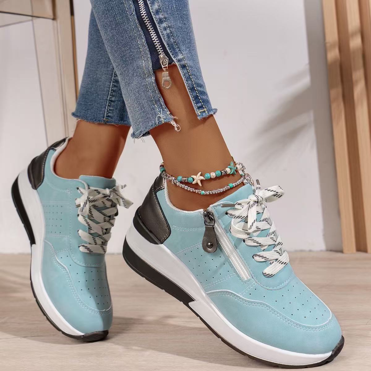 Women’s Side Zipper Lace Up Platform Sneakers