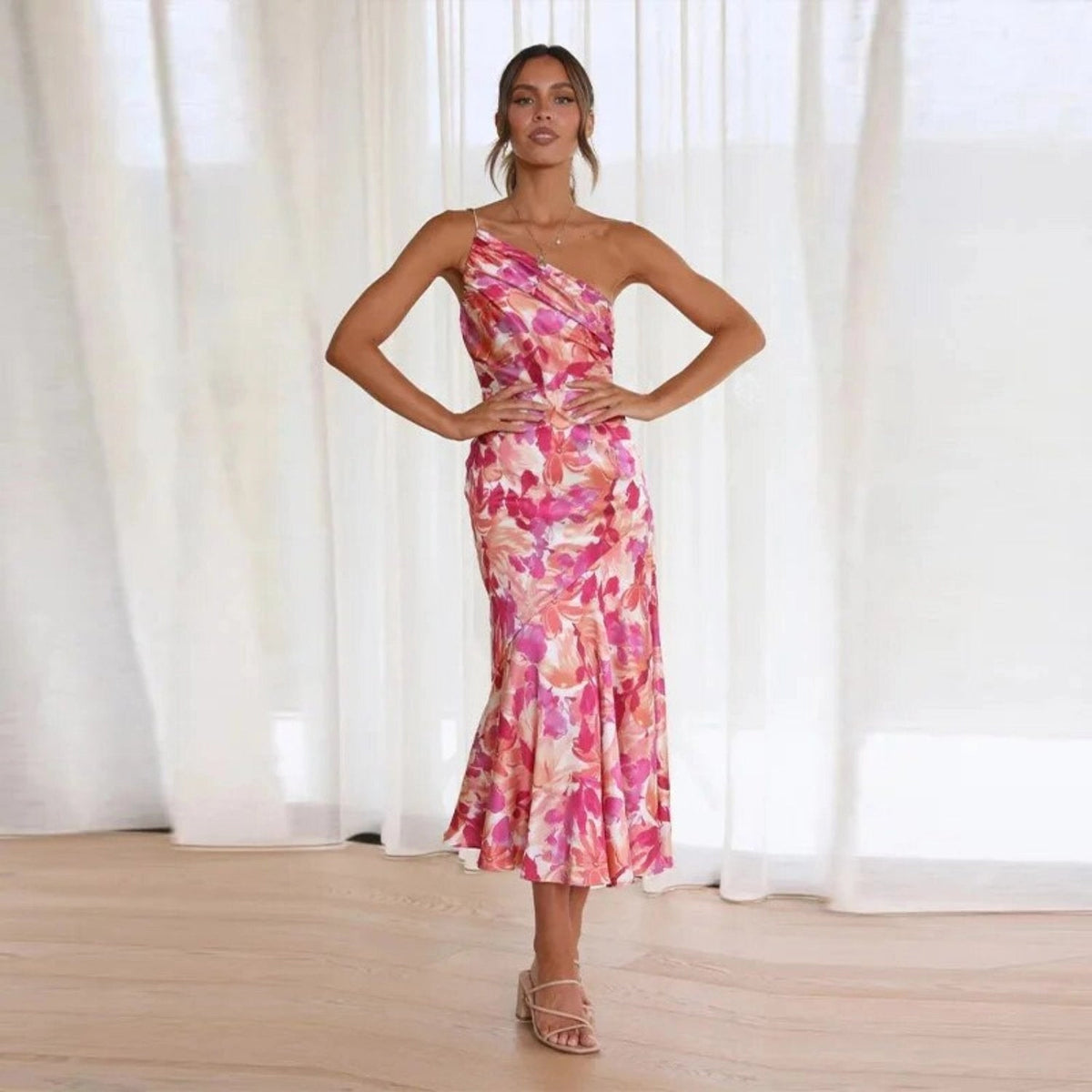 Women’s Sleeveless One-Shoulder Floral Maxi Dress