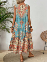 Women's Sleeveless Printed Tiered Midi Dress