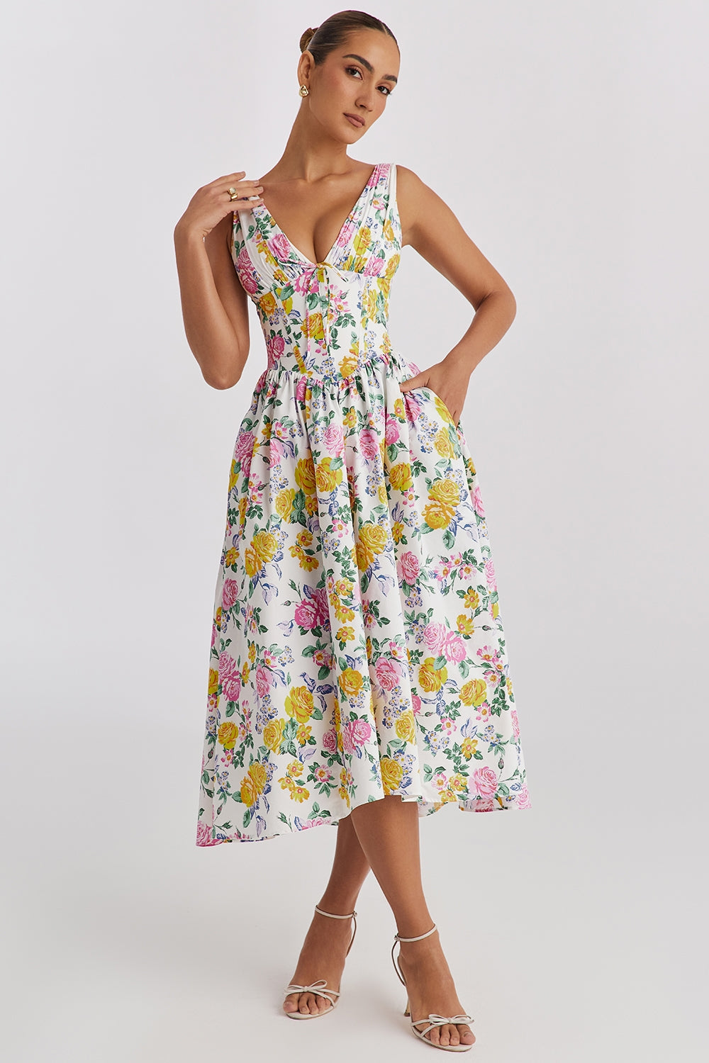 Women's Sleeveless V-Neck Midi Wedding Guest Dress
