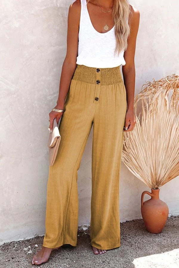 Women’s Smocked Waist Button Front Wide Leg Pants
