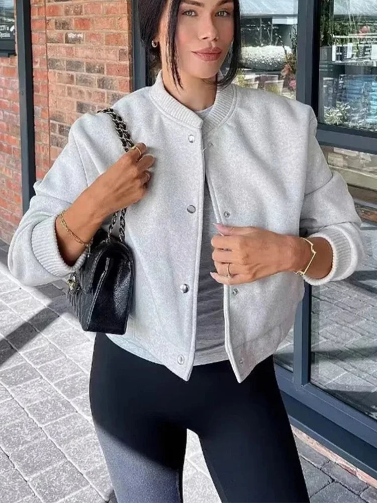 Women’s Snap Button Ribbed Cropped Bomber Jacket