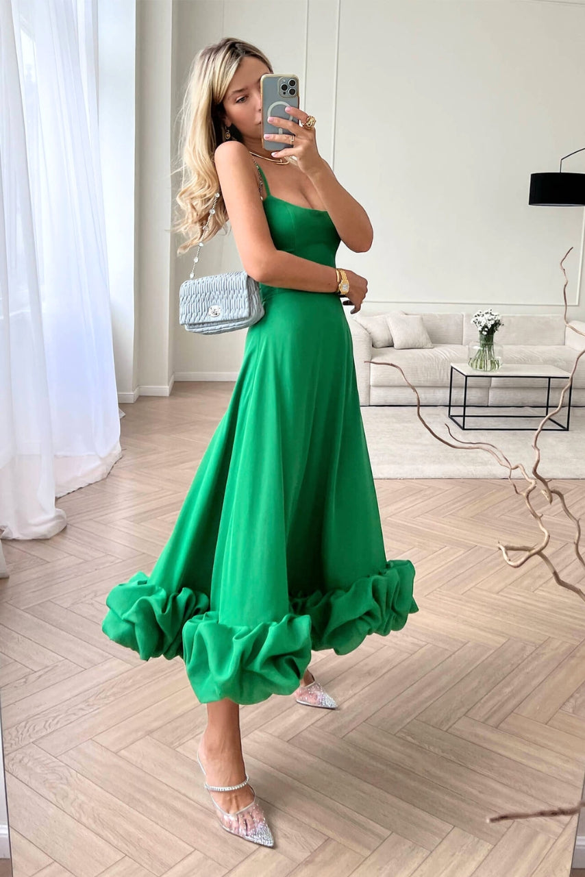 Women’s Spaghetti Strap Ruffle Hem Sleeveless Wedding Guest Dress