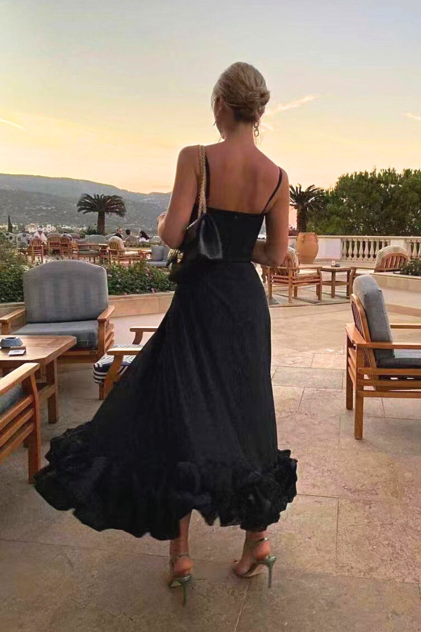 Women’s Spaghetti Strap Ruffle Hem Sleeveless Wedding Guest Dress