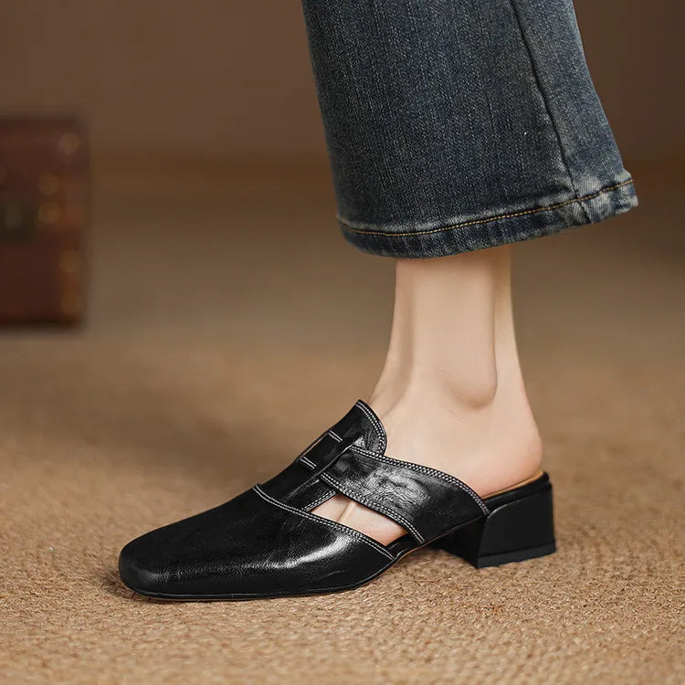 Women's Square Toe Block Heel Mule Shoes
