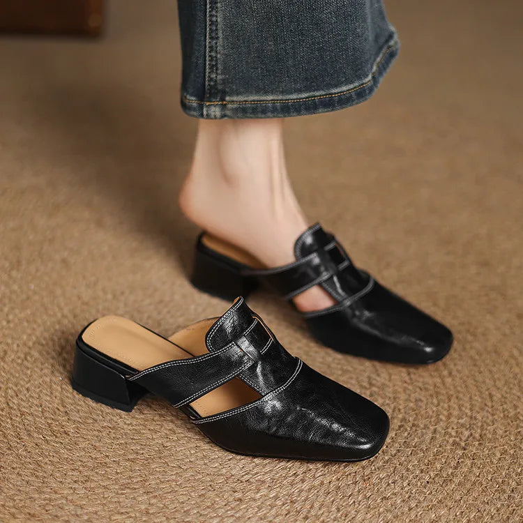 Women's Square Toe Block Heel Mule Shoes