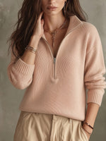 Women's Stand Collar Half-Zip Ribbed Trim Sweater