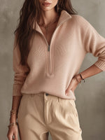 Women's Stand Collar Half-Zip Ribbed Trim Sweater