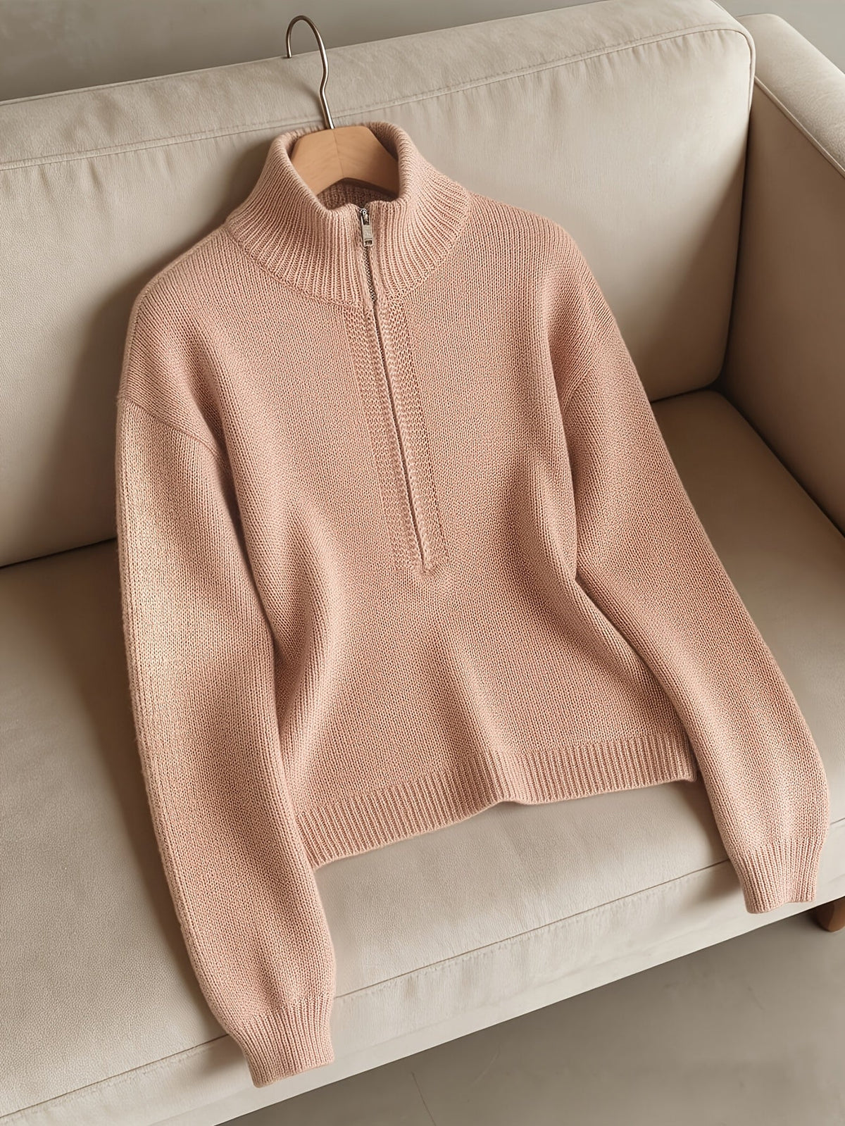 Women's Stand Collar Half-Zip Ribbed Trim Sweater