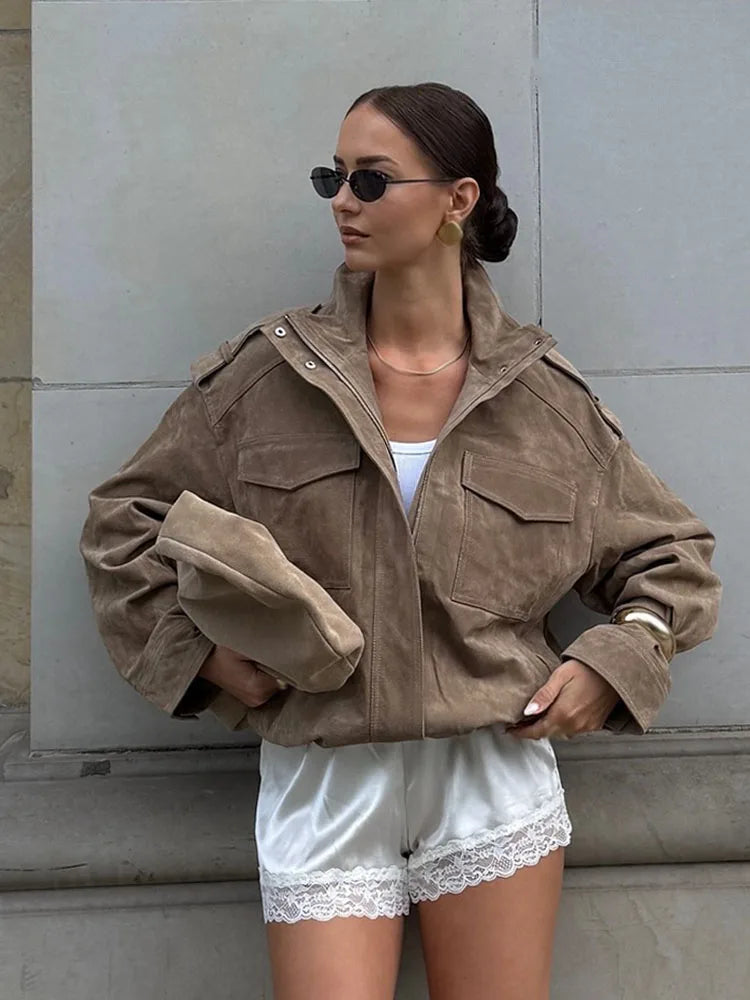 Women’s Stand Collar Pocket Zip Front Jacket