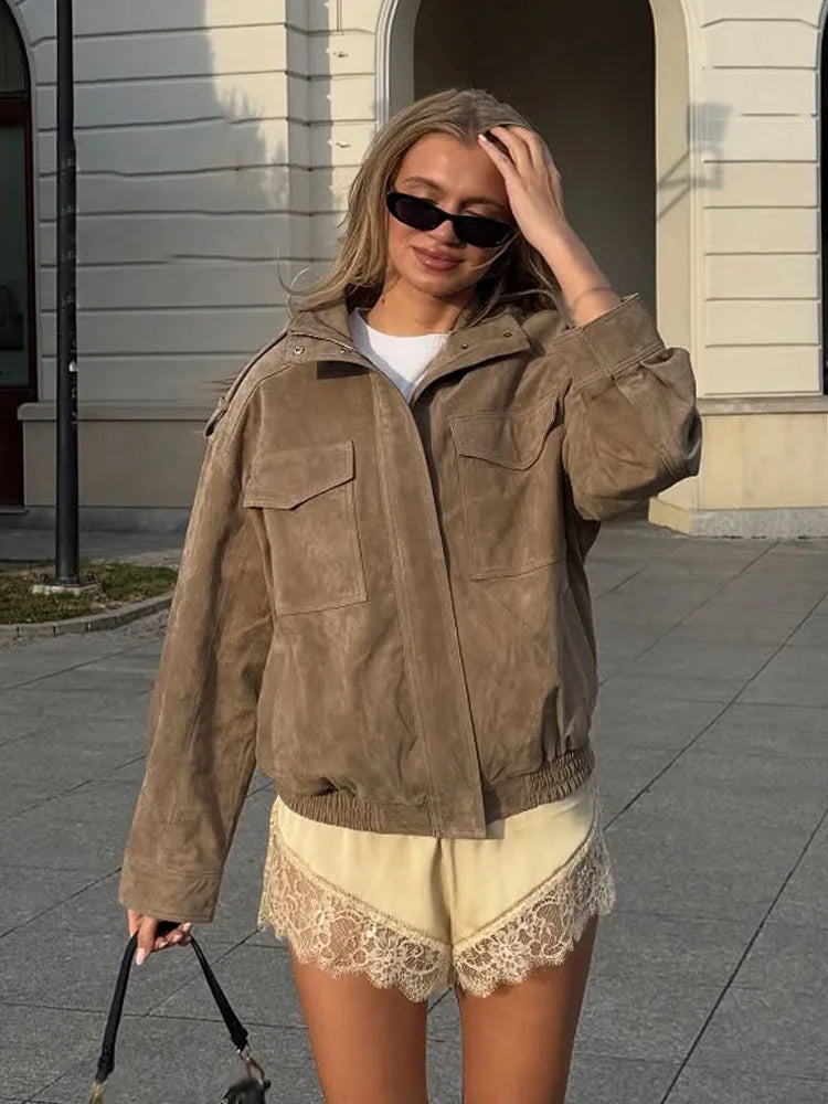 Women’s Stand Collar Pocket Zip Front Jacket