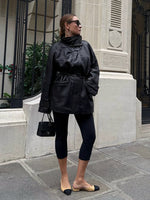 Women’s Stand Collar Zip Front Drawstring Leather Look Jacket