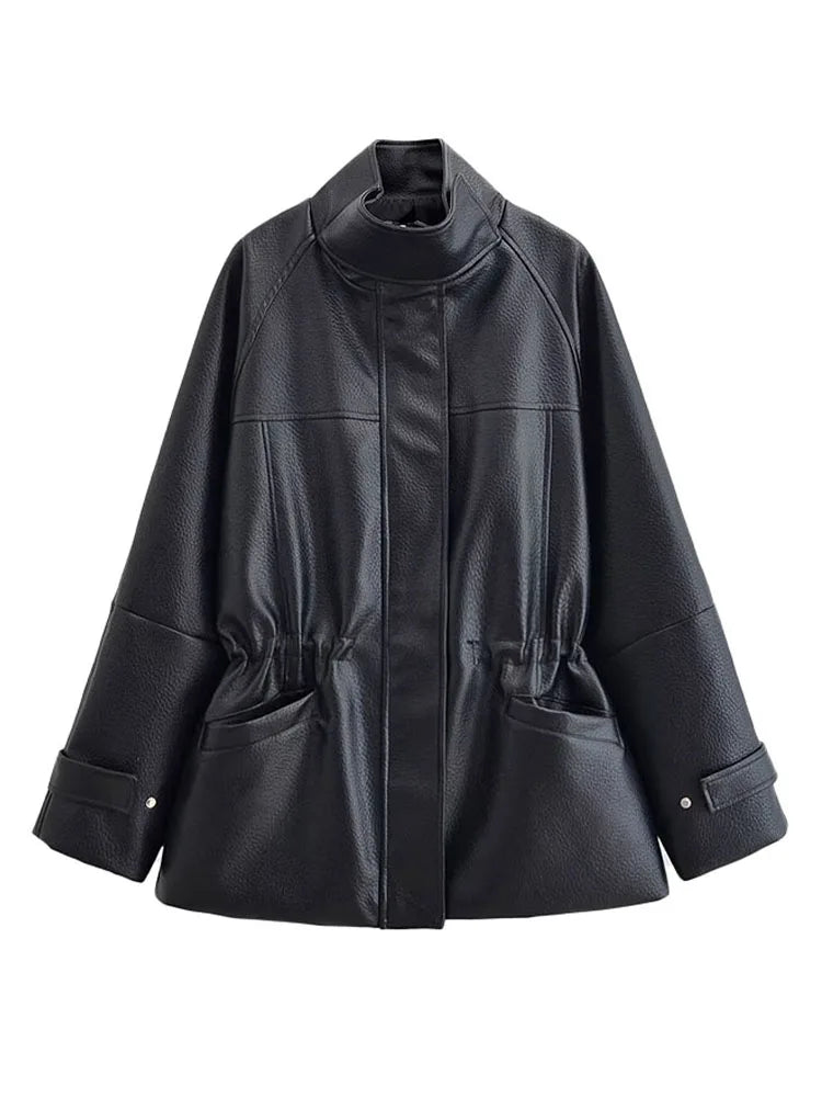 Women’s Stand Collar Zip Front Drawstring Leather Look Jacket