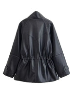 Women’s Stand Collar Zip Front Drawstring Leather Look Jacket