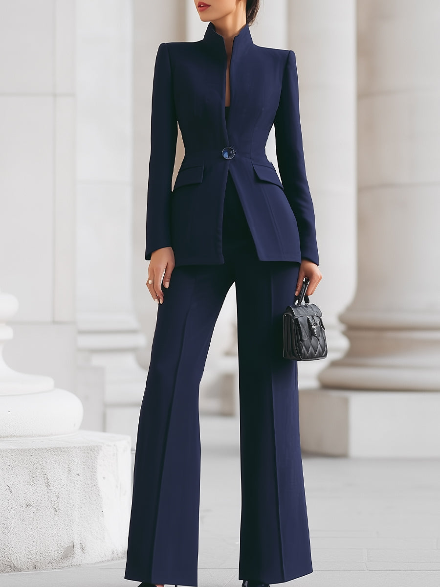 Women's Standing Collar Single-Button Blazer and Wide-Leg Trousers Suit Set