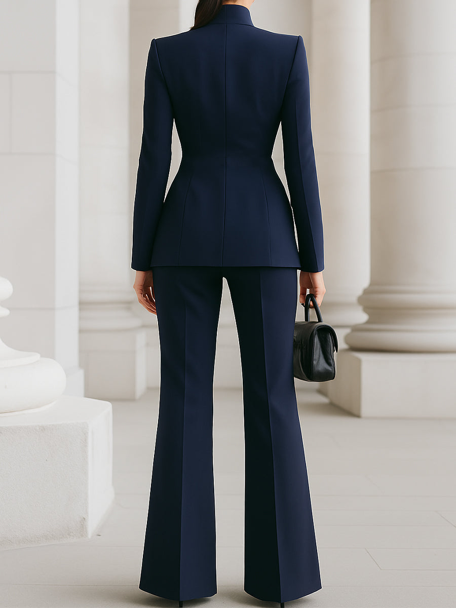 Women's Standing Collar Single-Button Blazer and Wide-Leg Trousers Suit Set
