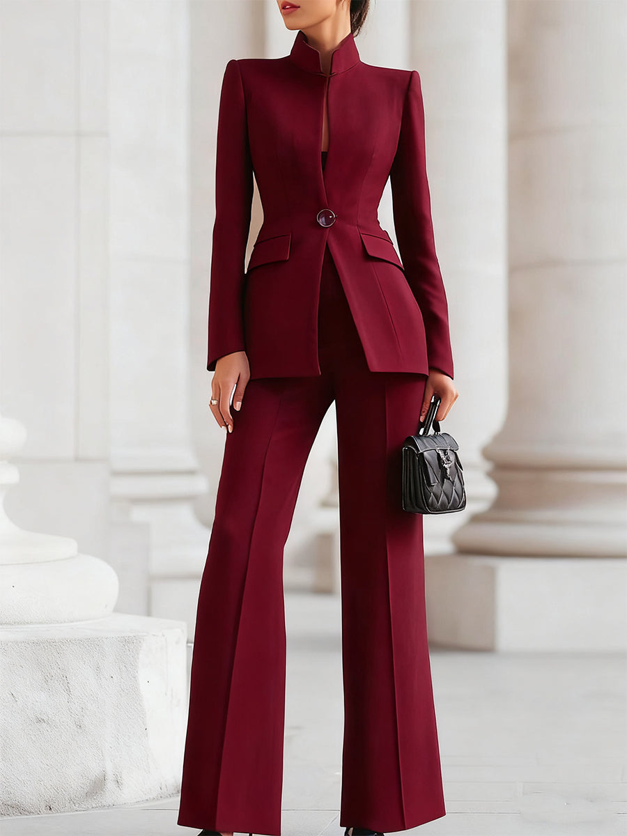 Women's Standing Collar Single-Button Blazer and Wide-Leg Trousers Suit Set