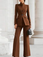 Women's Standing Collar Single-Button Blazer and Wide-Leg Trousers Suit Set