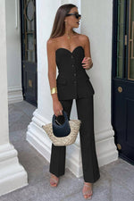 Women’s Strapless Buttoned Vest and Pants Matching 2 Piece Set