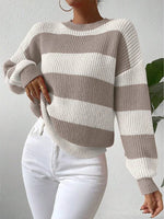 Women’s Stripe Crew Neck Long Sleeve Knit Sweater Pullover