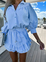 Women's Striped Button-Up Top and Ruffled Drawstring Shorts Summer Set