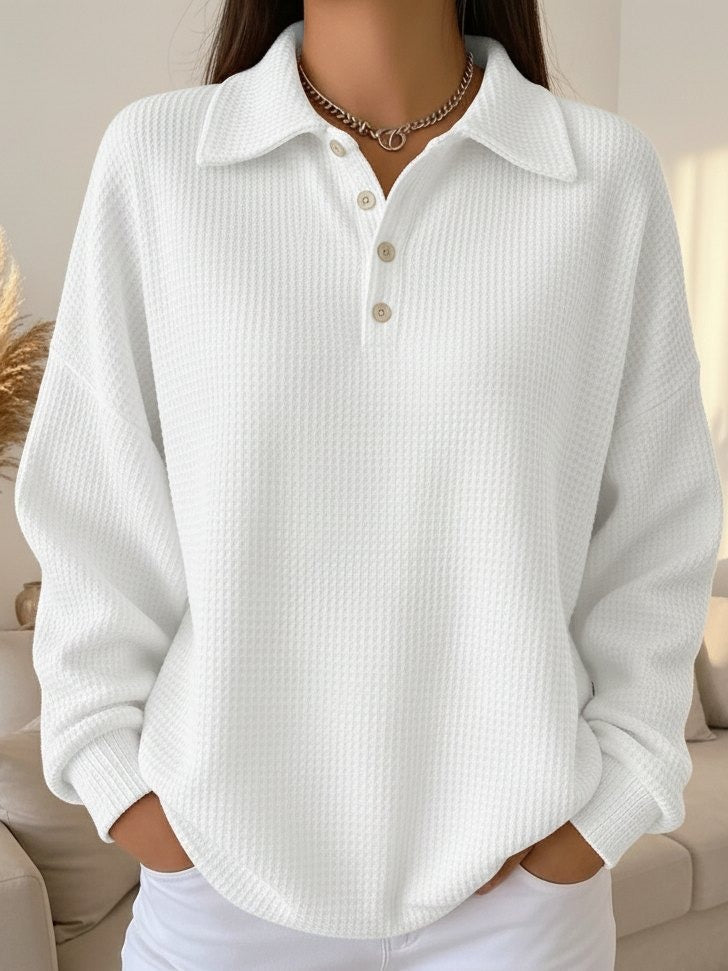Women's Textured Knit Button-Placket Polo Collar Sweater