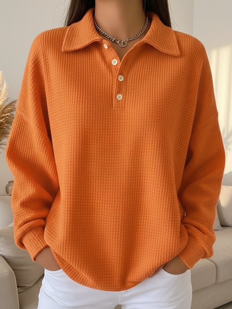 Women's Textured Knit Button-Placket Polo Collar Sweater