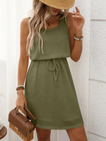 Women’s Textured Sleeveless Drawstring Waist Mini Dress