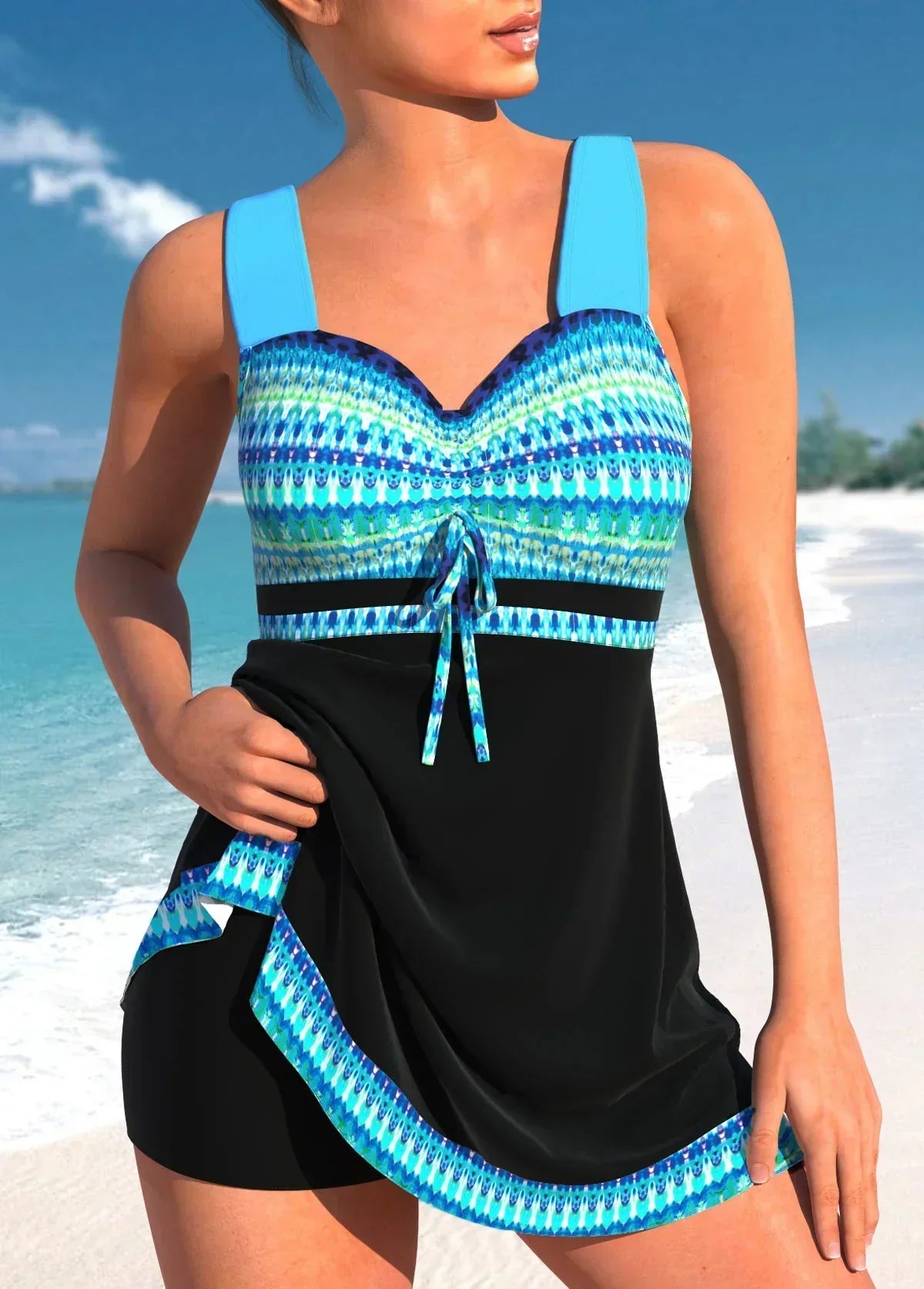 Women's Tribal Print Tie Front Cross Back Swim Dress Boyshort Swimsuit