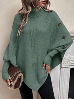 Women's Turtleneck Button-Accented Cable Knit Poncho Sweater