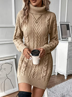 Women's Turtleneck Long-Sleeve Cable Knit Mini Sweater Dress