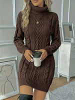 Women's Turtleneck Long-Sleeve Cable Knit Mini Sweater Dress