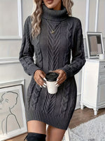 Women's Turtleneck Long-Sleeve Cable Knit Mini Sweater Dress