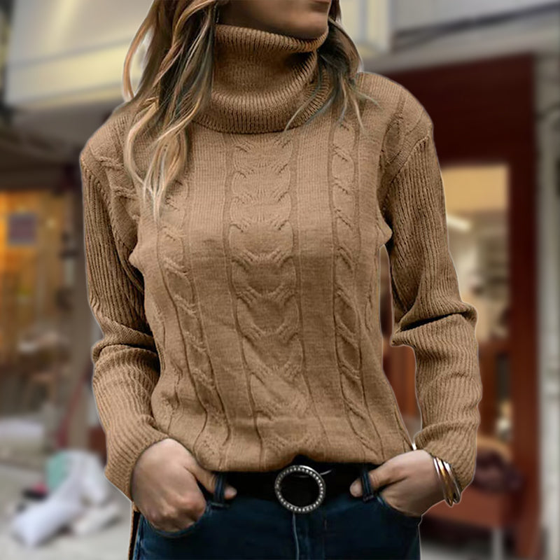 Women's Turtleneck Long-Sleeve Ribbed-Trim Cable Knit Sweater