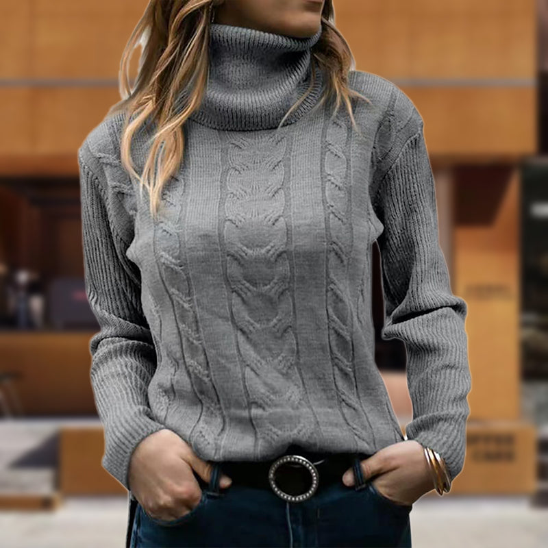 Women's Turtleneck Long-Sleeve Ribbed-Trim Cable Knit Sweater