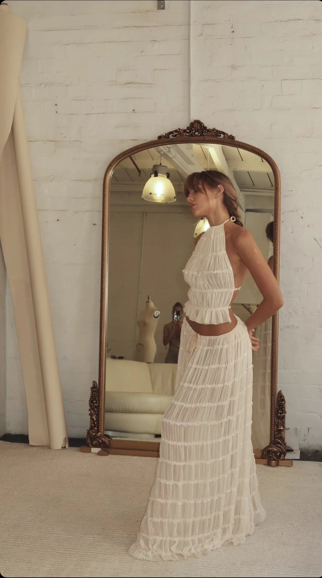 Women's Two-Piece Halter Crop Top and Tiered Maxi Skirt Set