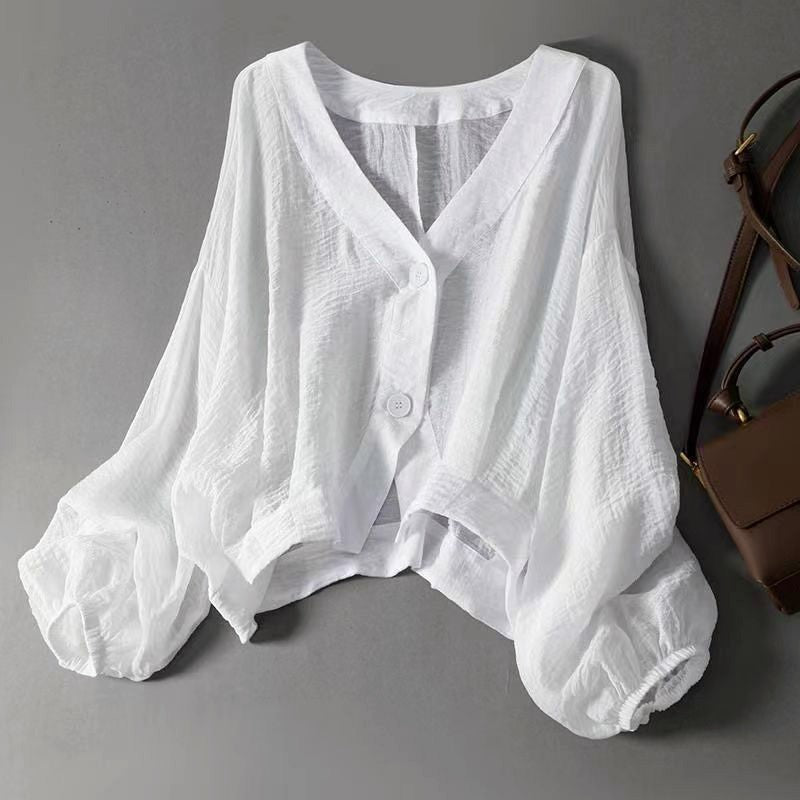 Women's V-Neck Button-Front Balloon-Sleeve Cropped Blouse