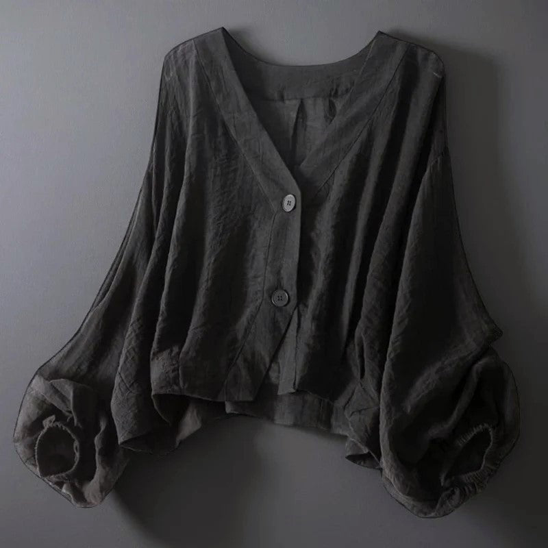 Women's V-Neck Button-Front Balloon-Sleeve Cropped Blouse