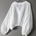 Women's V-Neck Button-Front Balloon-Sleeve Cropped Blouse