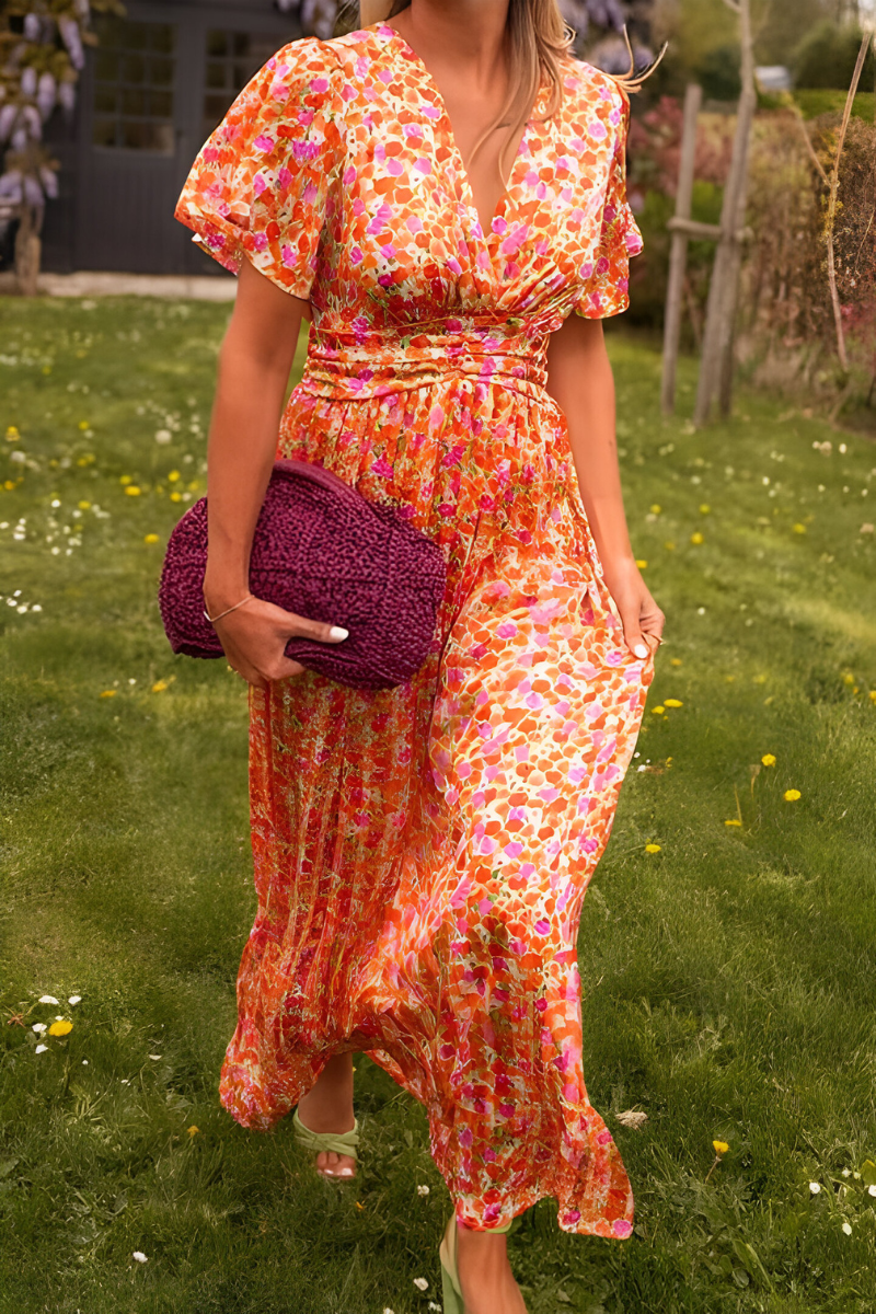 Women's V-Neck Flutter Sleeve Maxi Dress