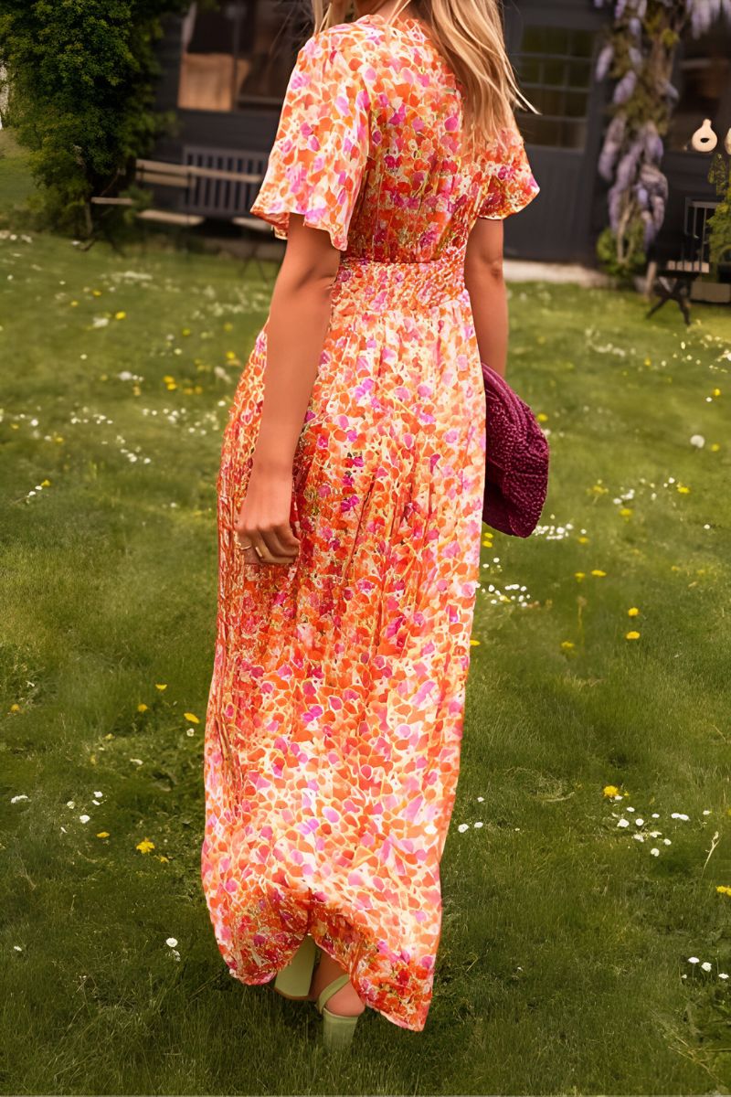 Women's V-Neck Flutter Sleeve Maxi Dress